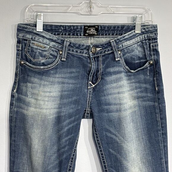 Rerock Express Women's Bootcut Blue Denim Distressed Jeans Size 8R Embroidered - Picture 3 of 15